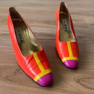Size 9 Vintage Escada Orange and Pink Color Blocking Block Heels